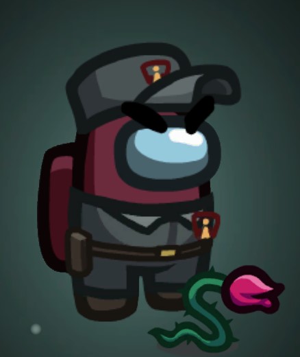 Maroon crewmate with angry eyebrows and pet rose. The crewmate is wearing a dark, generic guard outfit, including the hat.