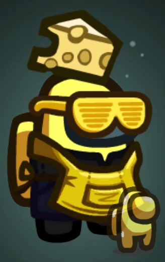 Yellow crewmate wearing a yellow apron and yellow shades. It's wearing cheese as a hat. It has a yellowish semi-transparent mini-crewmate pet.