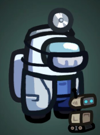 White crewmate wearing a doctor labcoat. It has the mirror hat doctors wear, and a mask. It has a pet robot.