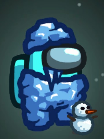 Cyan crewmate covered in icy blue rock. There's icicles dripping down from its visor. It has a pet snowman.