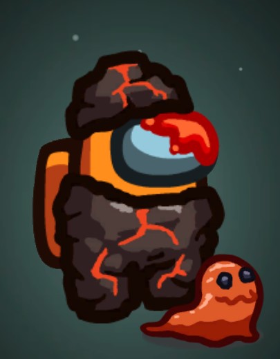 Orange crewmate covered in lava-infused rock. There's lava on its visor. It has an orange lava pet, which has a wonderful smile.