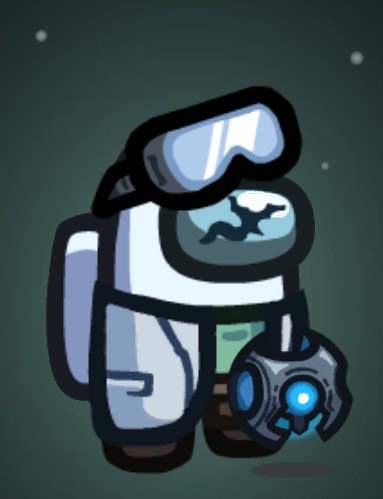 White crewmate with a cracked visor and pet Guilty Spark. The crewmate is wearing a labcoat over a pale green shirt and brown pants. There are goggles sitting on top of its head.