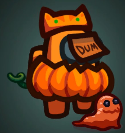 Orange crewmate wearing a pumpkin. It's wearing an orange cat beanie. An orange post-it note reading DUM is stuck to the visor. There's an orange lava pet.