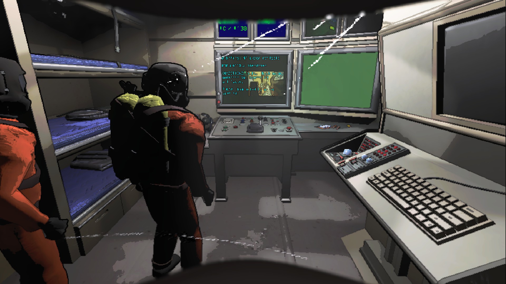 Two crewmates looking at the ship's monitors.