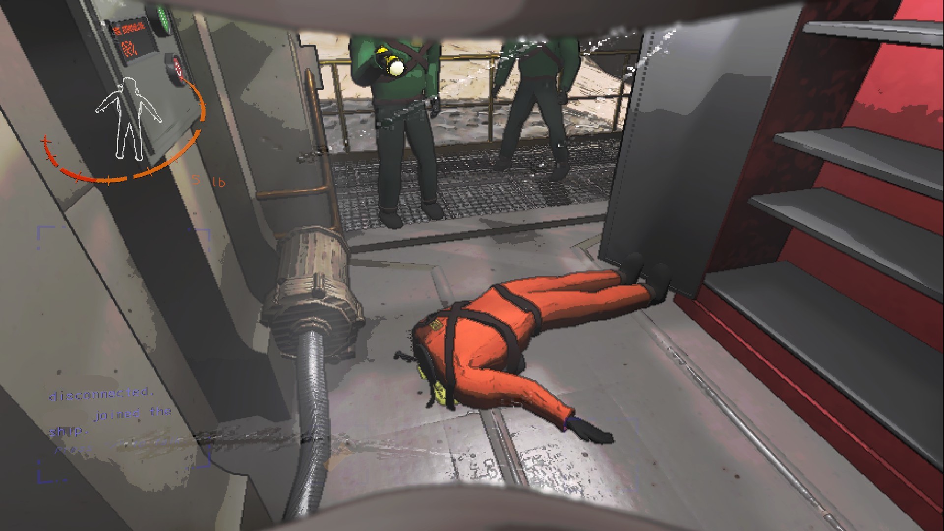 Two crewmates and the player staring at a crewmate's decapitated corpse.