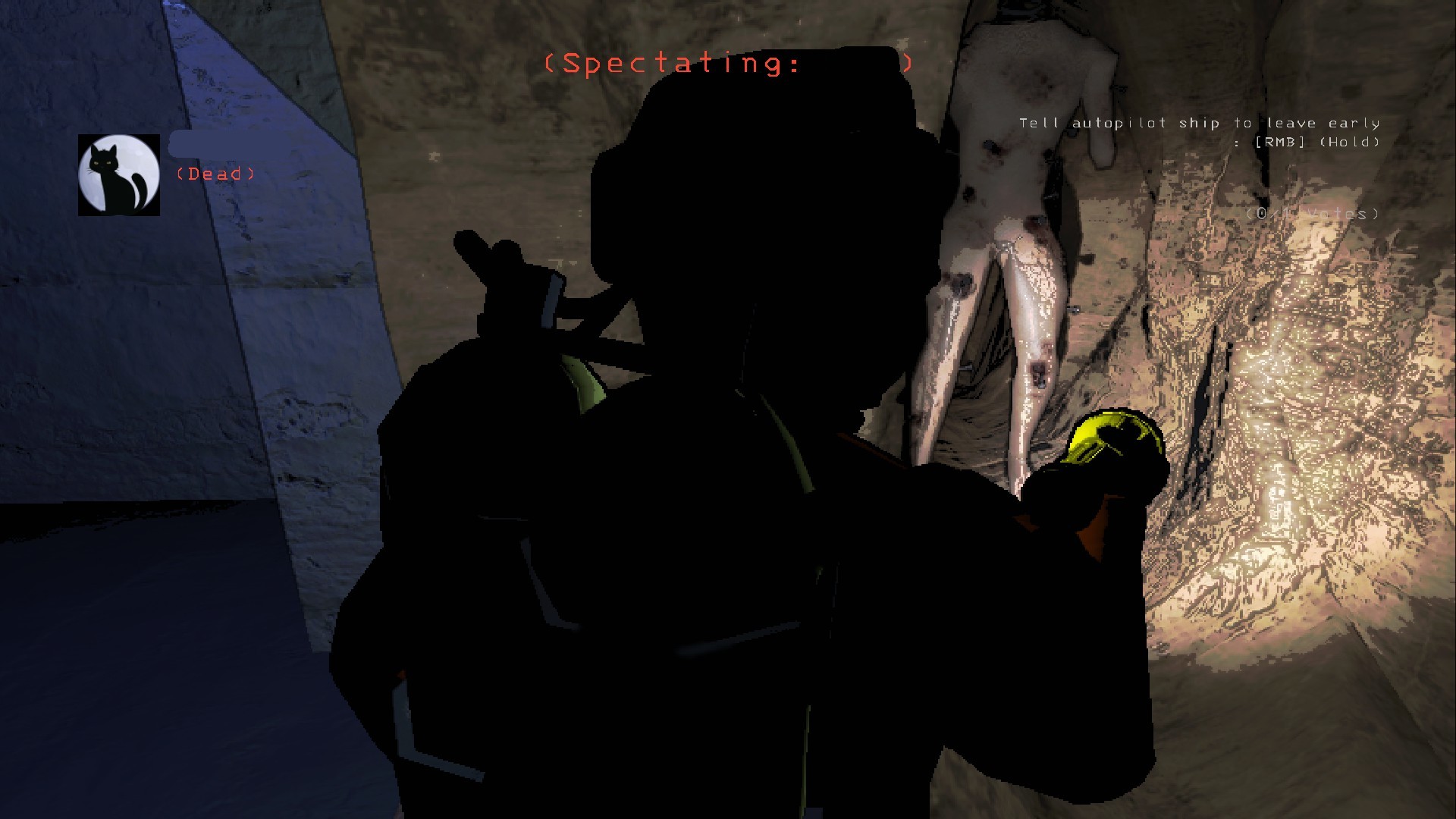 A crewmate looking at a coilhead inside of a cave.