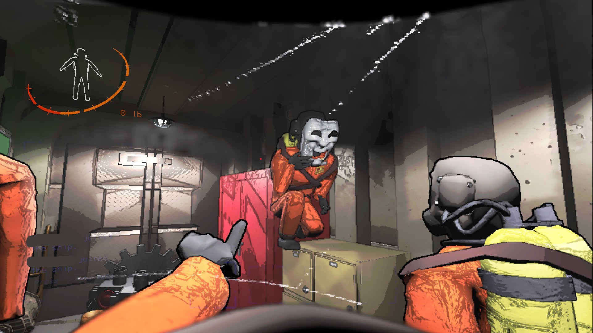 The player and a crewmate looking at another crewmate who is putting on a mask.