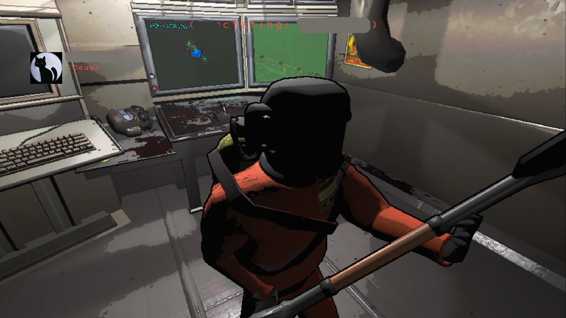 A crewmate holding a shovel with blood on the floor behind them.