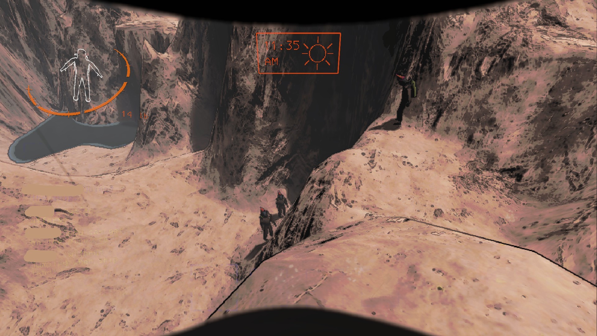 A crewmate standing on top of a hill looking at two crewmates below the hill.