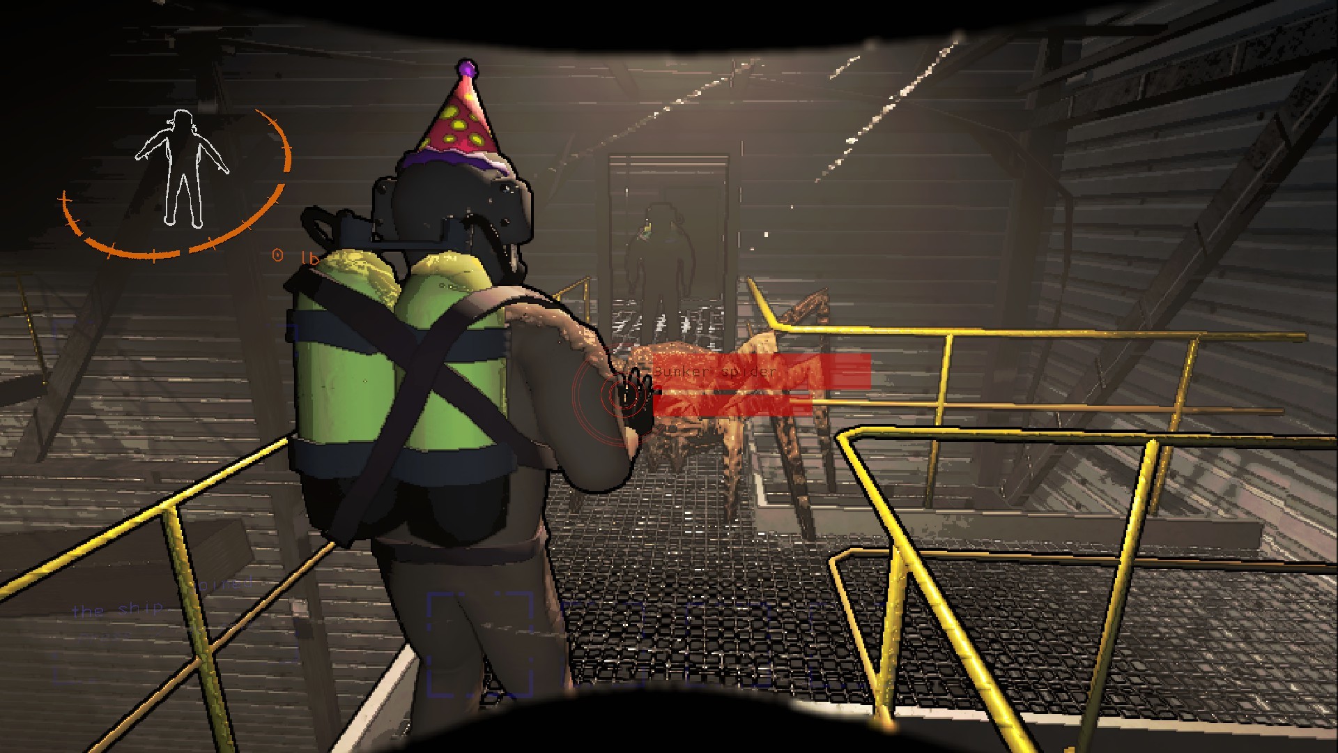 Two crewmates and the player wearing party hats looking at a bunker spider.