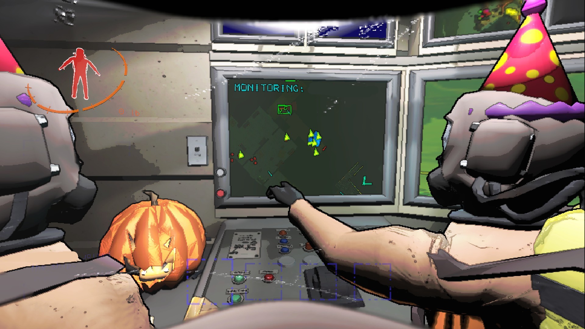 Two crewmates and the player gathered around the ship's monitors. One crewmate is pointing at a crewmate on the monitor, who is surrounded by scrap and creatures.