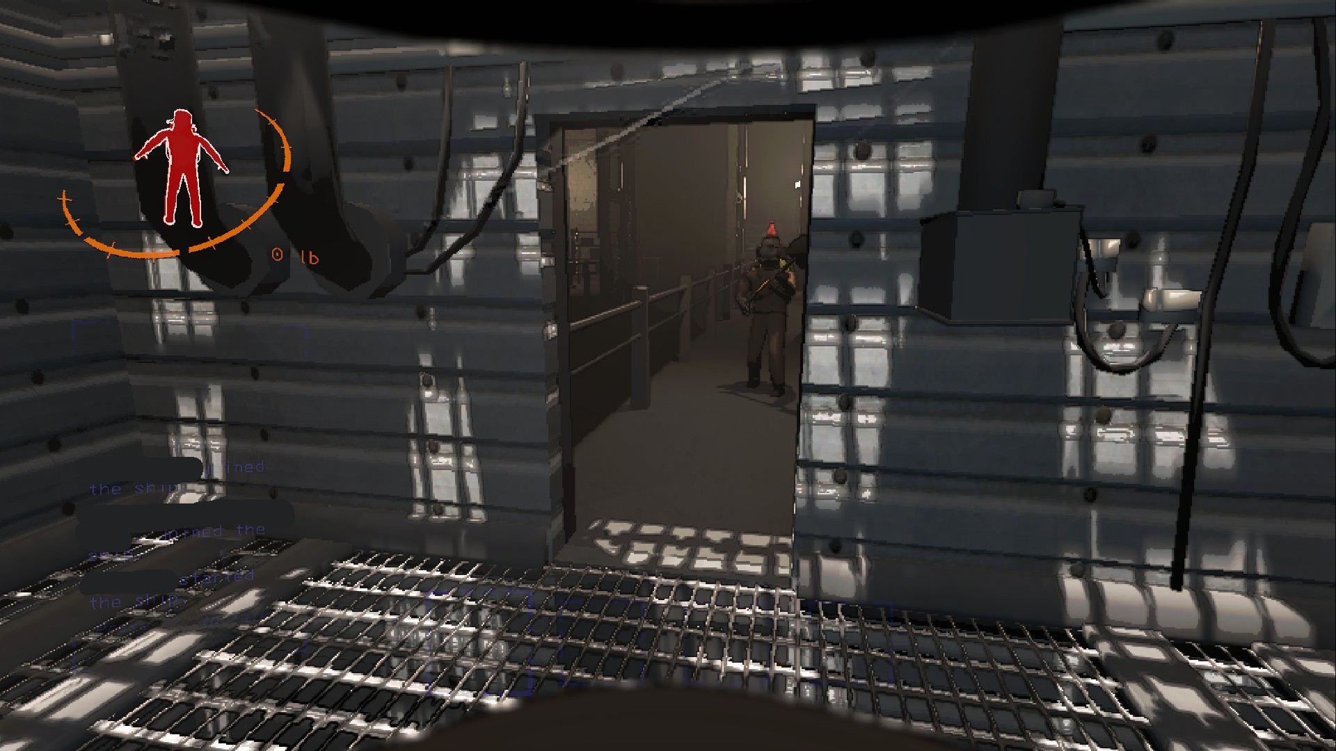 A crewmate holding a shovel exiting a factory room.