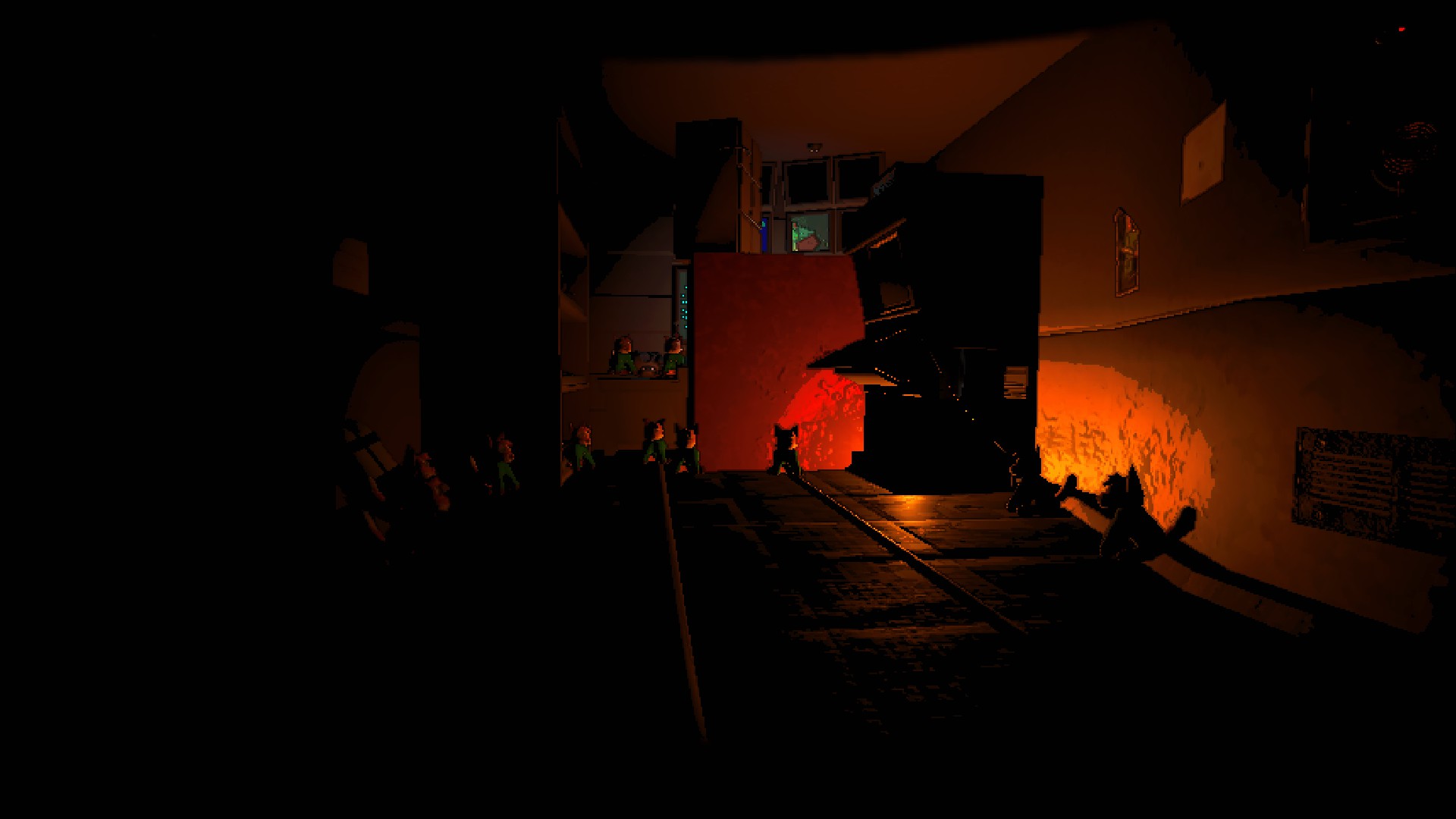 A dark ship interior with a circular arrangement of Zed Dogs and orange light emanating from the ship's terminal.