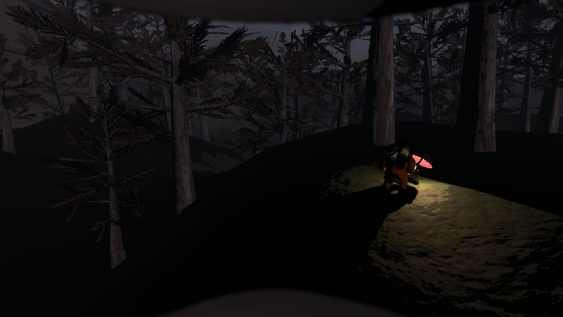 A crewmate carrying a lamp in a dark forest. There is a difficult to spot forest keeper in the distance.